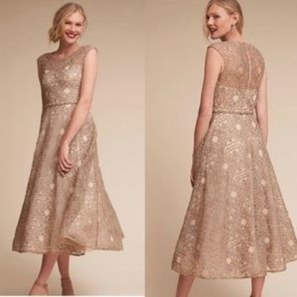 BHLDN Sara Emanuel Anthropologie Presley Beige Geometric Dress- Size 10